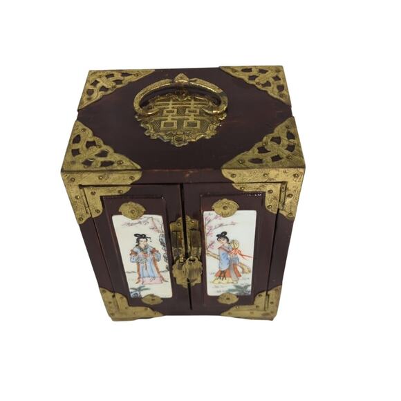 Vintage Chinese Jewelry Box Cabinet Hand Painted Panels Brass Trim - Picture 2 of 10